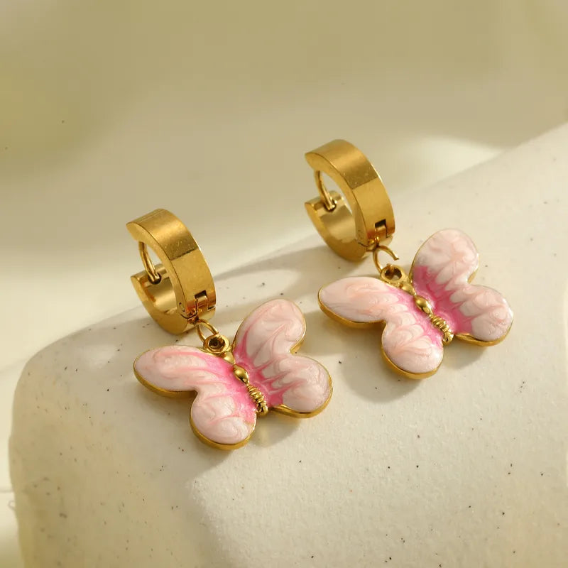 18K Gold Plated 304 Stainless Steel Vacuum Electroplating (In Furnace) Butterfly Oil Drop Earrings For Women