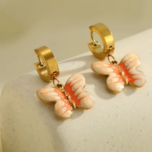 18K Gold Plated 304 Stainless Steel Vacuum Electroplating (In Furnace) Butterfly Oil Drop Earrings For Women