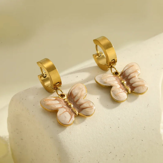 18K Gold Plated 304 Stainless Steel Vacuum Electroplating (In Furnace) Butterfly Oil Drop Earrings For Women