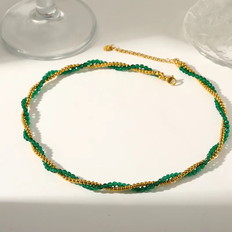 18K Gold Plated 304 Stainless Steel Vacuum Electroplating (In Furnace) Crystal Round Beaded Chain Double Layer Electroplated Necklace For Women (Copy)