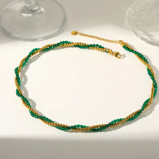 18K Gold Plated 304 Stainless Steel Vacuum Electroplating (In Furnace) Crystal Round Beaded Chain Double Layer Electroplated Necklace For Women (Copy)