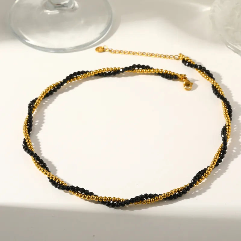 18K Gold Plated 304 Stainless Steel Vacuum Electroplating (In Furnace) Crystal Round Beaded Chain Double Layer Electroplated Necklace For Women