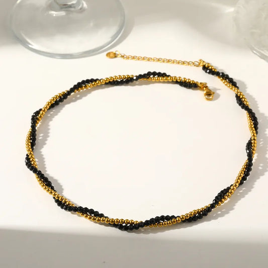 18K Gold Plated 304 Stainless Steel Vacuum Electroplating (In Furnace) Crystal Round Beaded Chain Double Layer Electroplated Necklace For Women