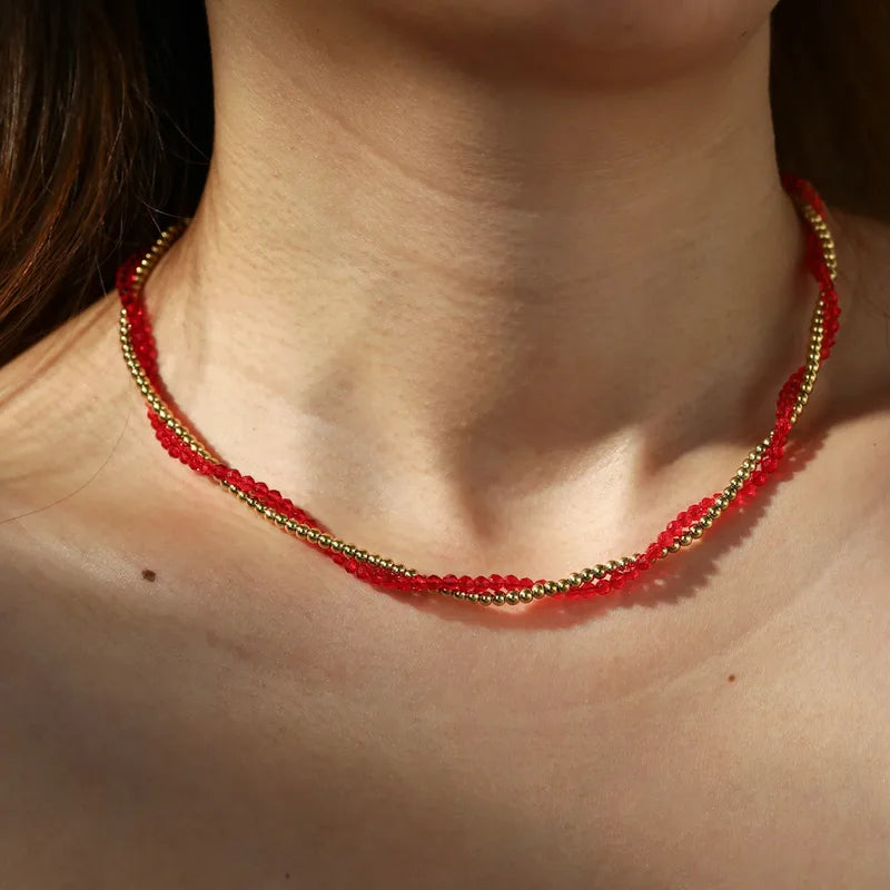 18K Gold Plated 304 Stainless Steel Vacuum Electroplating (In Furnace) Crystal Round Beaded Chain Double Layer Electroplated Necklace For Women