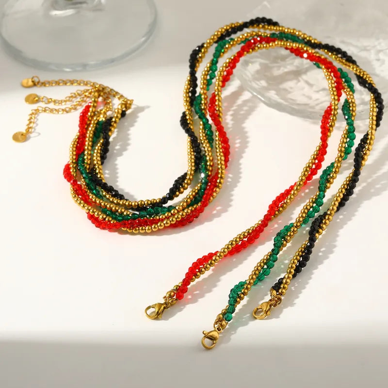 18K Gold Plated 304 Stainless Steel Vacuum Electroplating (In Furnace) Crystal Round Beaded Chain Double Layer Electroplated Necklace For Women