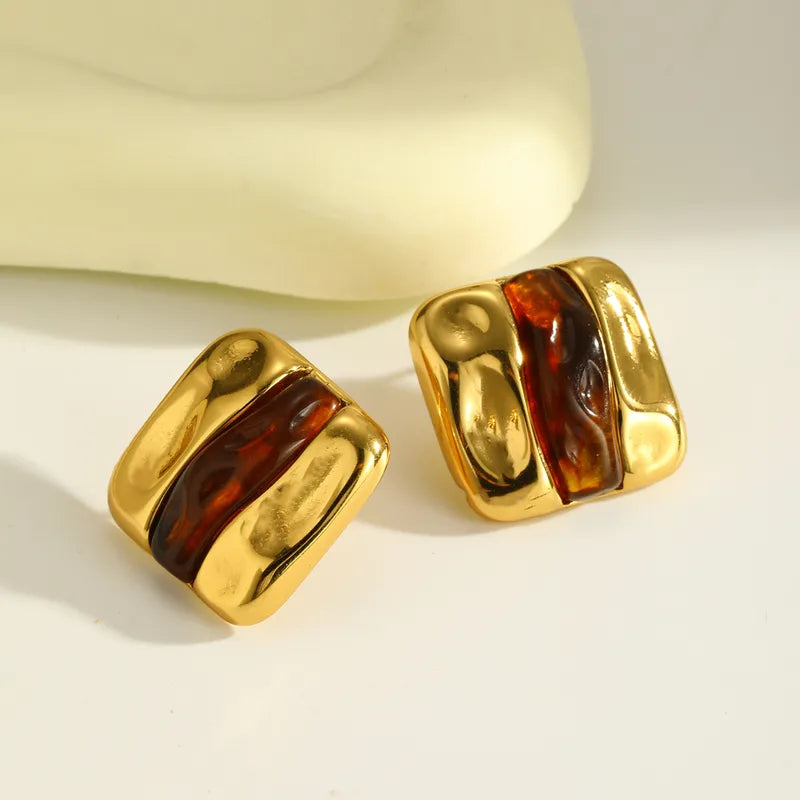18K Gold Plated 304 Stainless Steel Vacuum Electroplating (In Furnace) Resin Square Earrings For Women