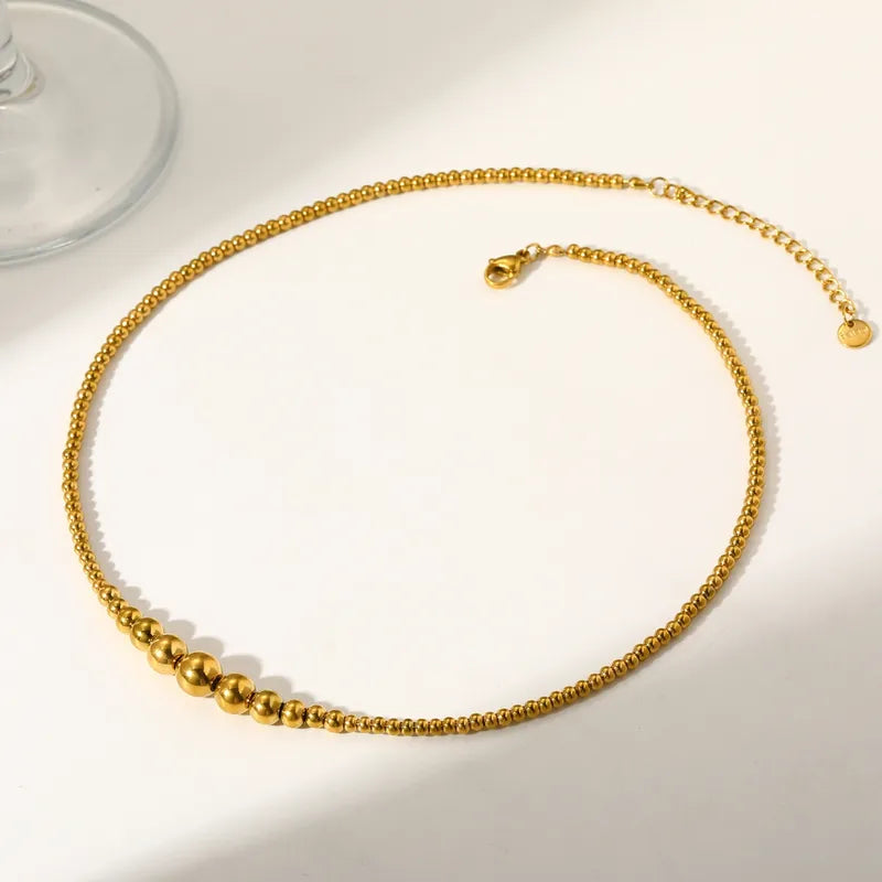 18K Gold Plated 304 Stainless Steel Vacuum Electroplating (In Furnace) Round Beaded Chain Necklace For Women
