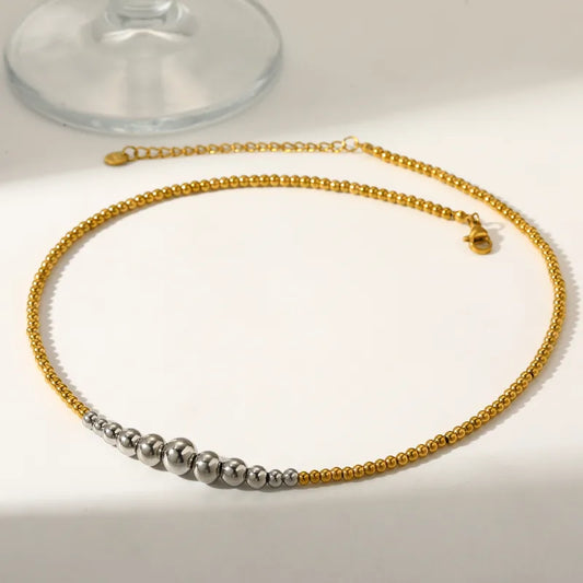 18K Gold Plated 304 Stainless Steel Vacuum Electroplating (In Furnace) Round Beaded Chain Necklace For Women