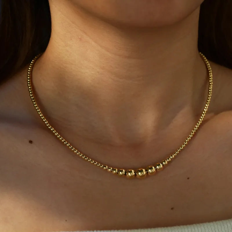 18K Gold Plated 304 Stainless Steel Vacuum Electroplating (In Furnace) Round Beaded Chain Necklace For Women