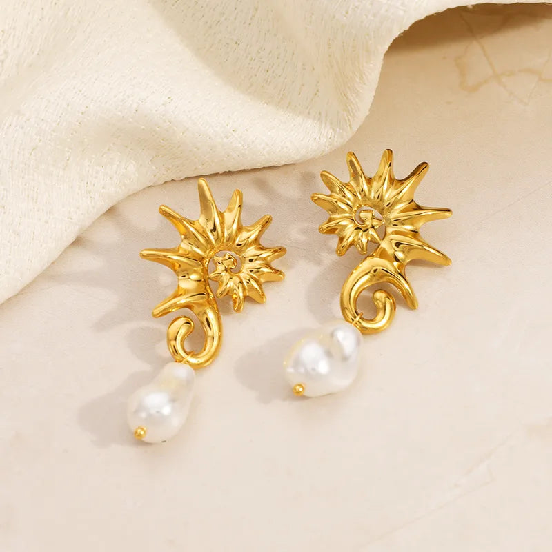 18K Gold Plated 304 Stainless Steel Vacuum Electroplating (In Furnace) Seahorse Beaded Earrings Light Luxury For Women