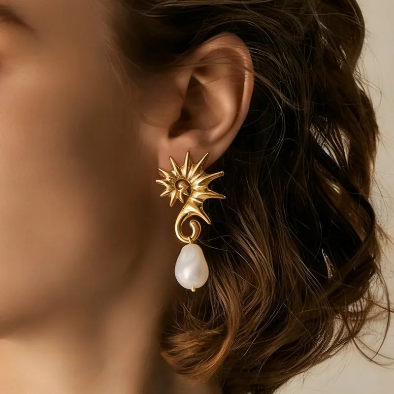 18K Gold Plated 304 Stainless Steel Vacuum Electroplating (In Furnace) Seahorse Beaded Earrings Light Luxury For Women