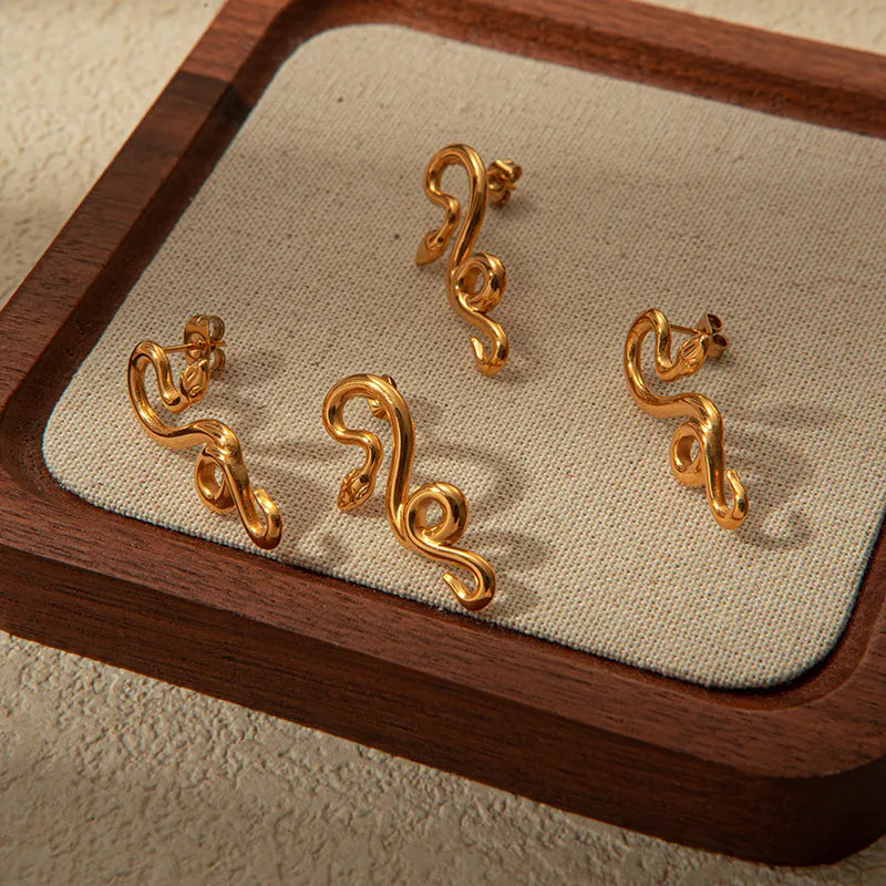 18K Gold Plated 304 Stainless Steel Vacuum Electroplating (In Furnace) Snake Shape Electroplating Simple Style Earrings Unisex