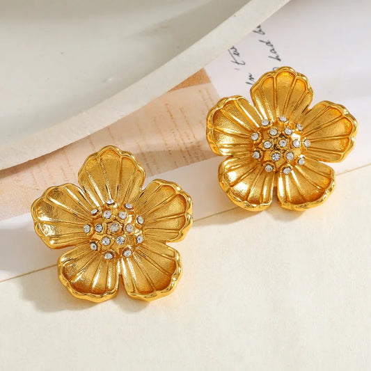 18K Gold Plated 304 Stainless Steel Vacuum Electroplating (In Furnace) Zircon Flower Electroplating Simple Style Earrings For Women
