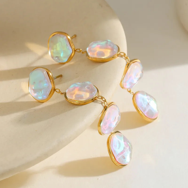 18K Gold Plated 304 Stainless Steel Vacuum Electroplating (In Furnace) Zircon Geometric Tassel Iridescent Earrings For Women Valentine's Day