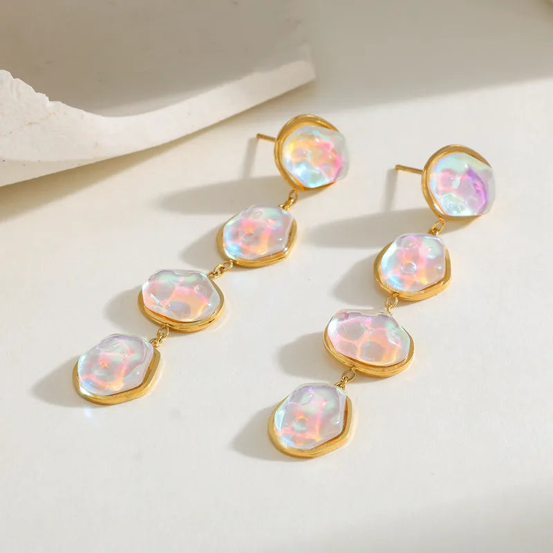 18K Gold Plated 304 Stainless Steel Vacuum Electroplating (In Furnace) Zircon Geometric Tassel Iridescent Earrings For Women Valentine's Day