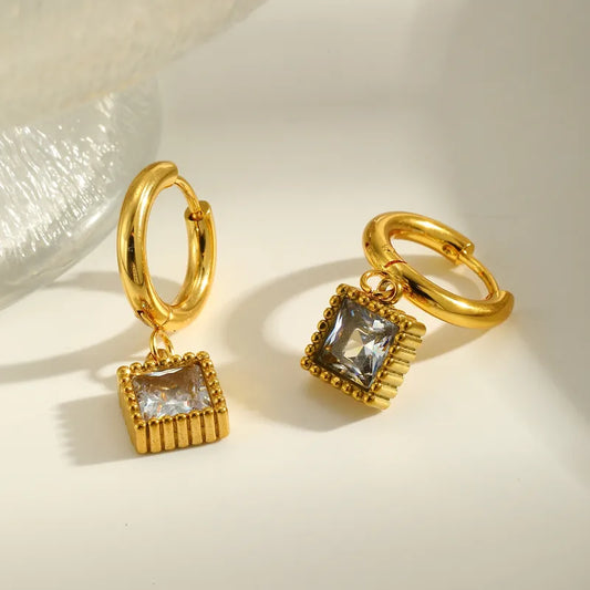 18K Gold Plated 304 Stainless Steel Vacuum Electroplating (In Furnace) Zircon Round Square Star Electroplating Simple Style Earrings For Women