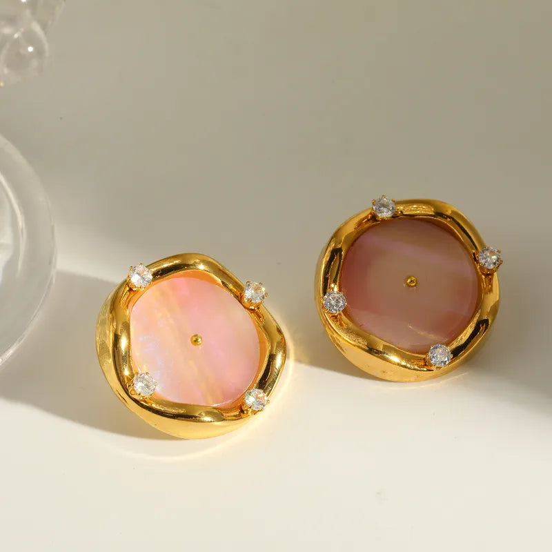 18K Gold Plated 304 Stainless Steel Vacuum Electroplating (In Furnace) Zircon Round Vintage Earrings For Women