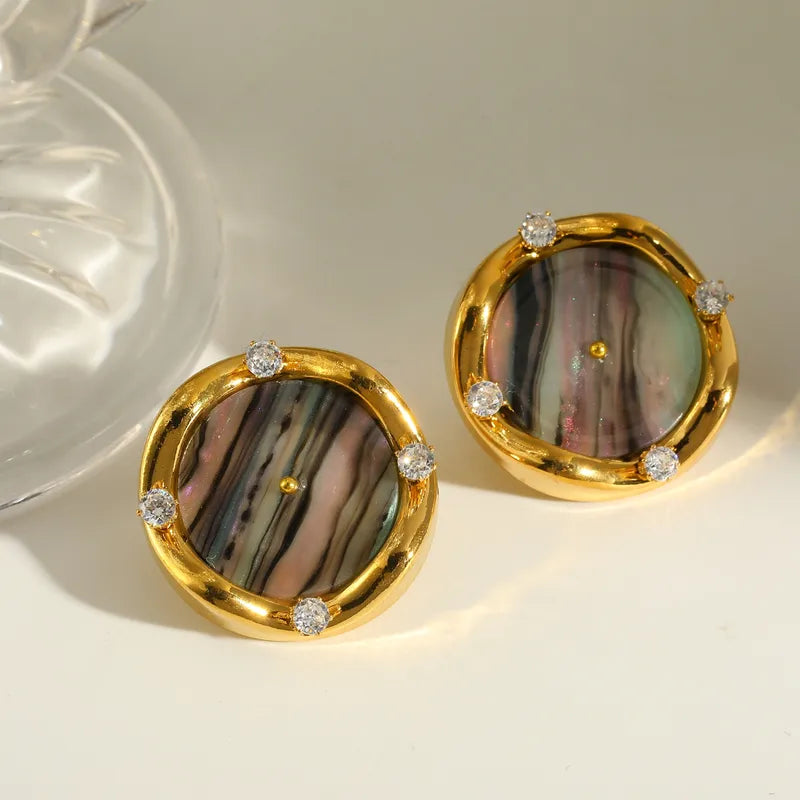 18K Gold Plated 304 Stainless Steel Vacuum Electroplating (In Furnace) Zircon Round Vintage Earrings For Women