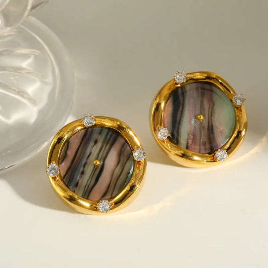 18K Gold Plated 304 Stainless Steel Vacuum Electroplating (In Furnace) Zircon Round Vintage Earrings For Women