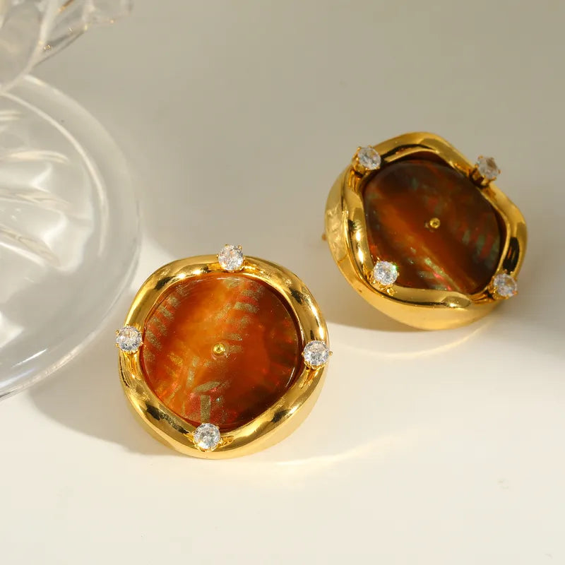 18K Gold Plated 304 Stainless Steel Vacuum Electroplating (In Furnace) Zircon Round Vintage Earrings For Women