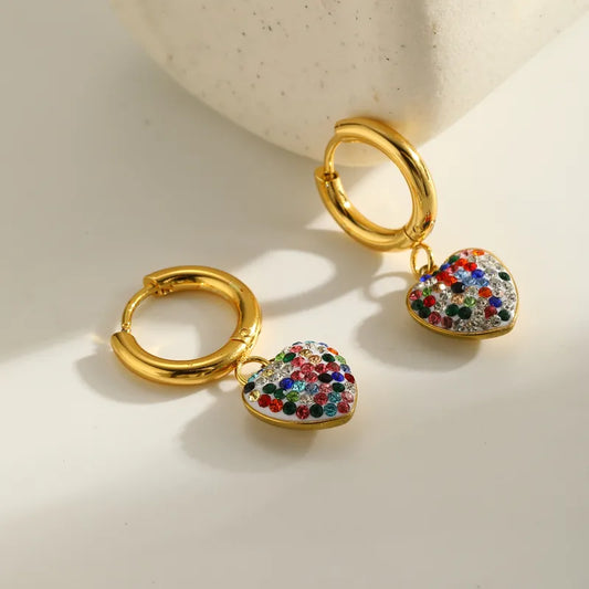 18K Gold Plated 304 Stainless Steel Vacuum Electroplating (In Furnace) Zircon Round Water Drop Heart-shaped Earrings