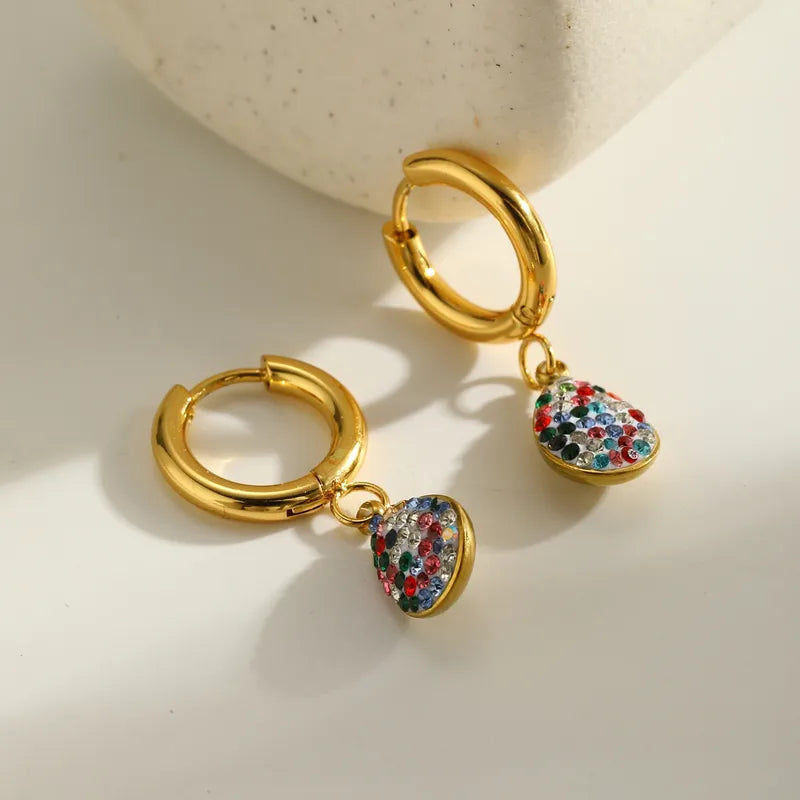 18K Gold Plated 304 Stainless Steel Vacuum Electroplating (In Furnace) Zircon Round Water Drop Heart-shaped Earrings