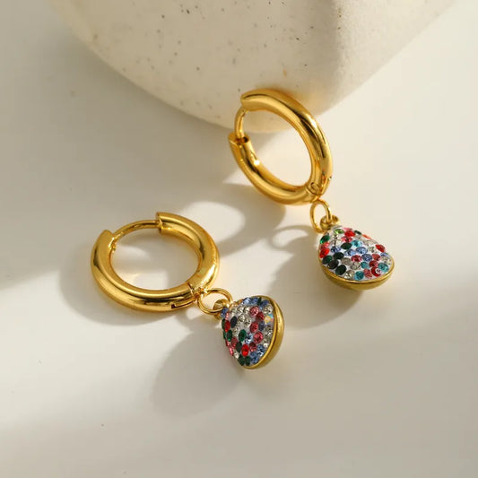 18K Gold Plated 304 Stainless Steel Vacuum Electroplating (In Furnace) Zircon Round Water Drop Heart-shaped Earrings