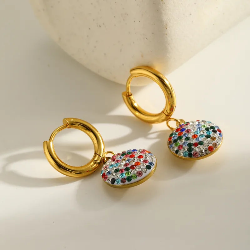 18K Gold Plated 304 Stainless Steel Vacuum Electroplating (In Furnace) Zircon Round Water Drop Heart-shaped Earrings