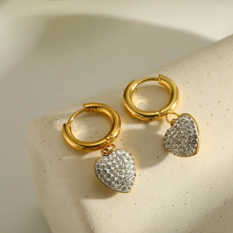 18K Gold Plated 304 Stainless Steel Vacuum Electroplating (In Furnace) Zircon Round Water Drop Heart-shaped Earrings For Women Valentine's Day