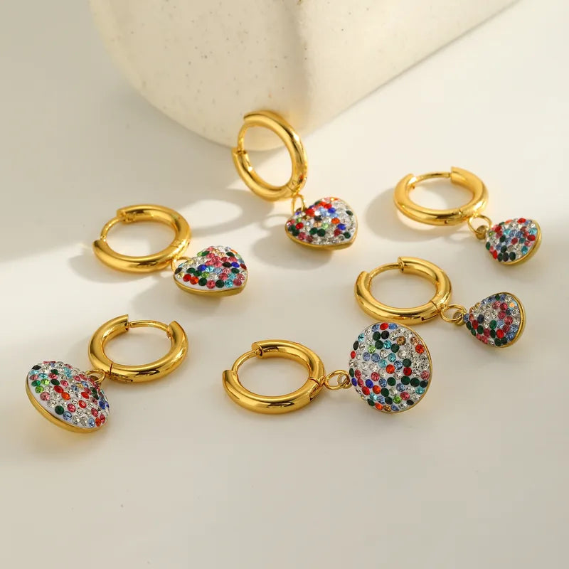 18K Gold Plated 304 Stainless Steel Vacuum Electroplating (In Furnace) Zircon Round Water Drop Heart-shaped Earrings