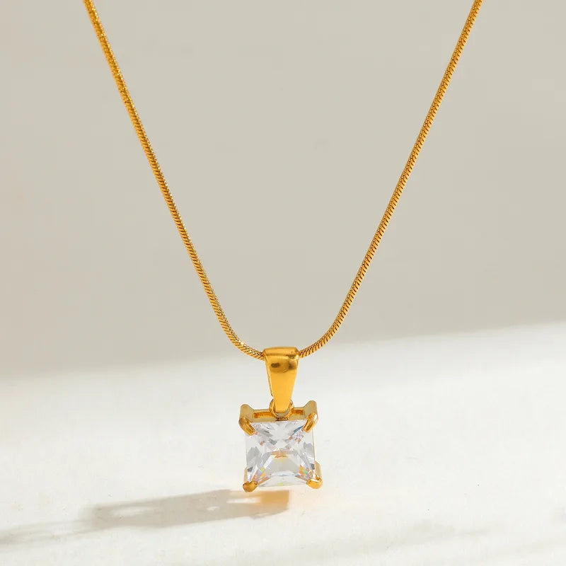 18K Gold Plated 304 Stainless Steel Vacuum Electroplating (In Furnace) Zircon Square Snake Chain Vintage Classic Electroplating Pendant Necklace For Women