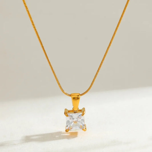 18K Gold Plated 304 Stainless Steel Vacuum Electroplating (In Furnace) Zircon Square Snake Chain Vintage Classic Electroplating Pendant Necklace For Women
