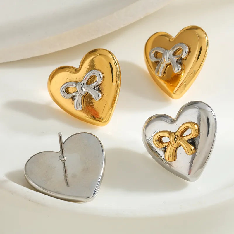 18K Gold Plated 304 Stainless Steel Water Plated Heart-shaped Bow Mixed Color (Jewelry Metal Contrast Color) Casual Simple Style Earrings For Women Valentine's Day