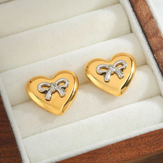 18K Gold Plated 304 Stainless Steel Water Plated Heart-shaped Bow Mixed Color (Jewelry Metal Contrast Color) Casual Simple Style Earrings For Women Valentine's Day