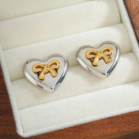 18K Gold Plated 304 Stainless Steel Water Plated Heart-shaped Bow Mixed Color (Jewelry Metal Contrast Color) Casual Simple Style Earrings For Women Valentine's Day