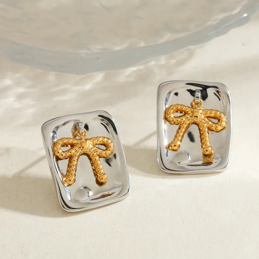 18K Gold Plated 304 Stainless Steel Water Plated Square Bow Mixed Color (Jewelry Metal Contrast Color) Casual Simple Style Earrings For Women
