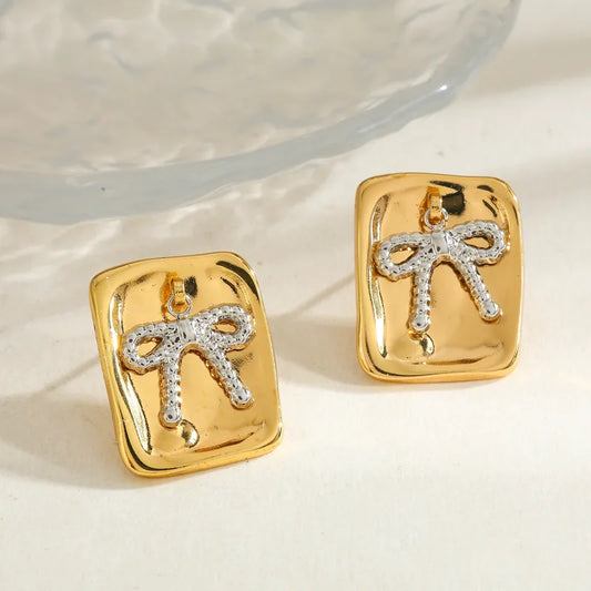 18K Gold Plated 304 Stainless Steel Water Plated Square Bow Mixed Color (Jewelry Metal Contrast Color) Casual Simple Style Earrings For Women