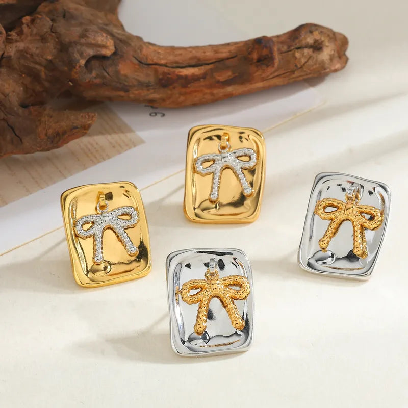 18K Gold Plated 304 Stainless Steel Water Plated Square Bow Mixed Color (Jewelry Metal Contrast Color) Casual Simple Style Earrings For Women