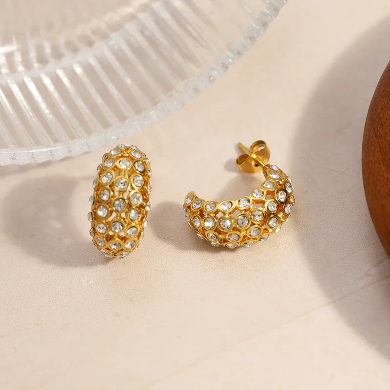 18K Gold Plated C-Shaped Contour Full Diamond Inlaid Elegant 304 Stainless Steel Vacuum Electroplated Earrings