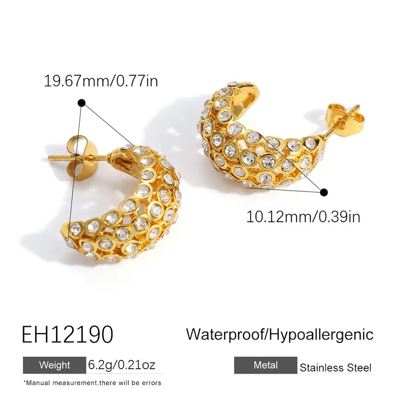 18K Gold Plated C-Shaped Contour Full Diamond Inlaid Elegant 304 Stainless Steel Vacuum Electroplated Earrings