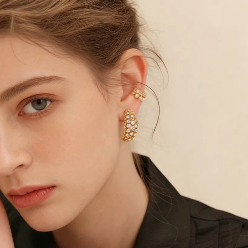 18K Gold Plated C-Shaped Contour Full Diamond Inlaid Elegant 304 Stainless Steel Vacuum Electroplated Earrings