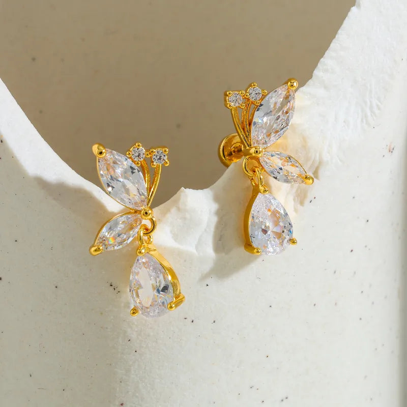 18K Gold Plated Copper Water Drop Zircon Leaf Casual Elegant Cute Earrings
