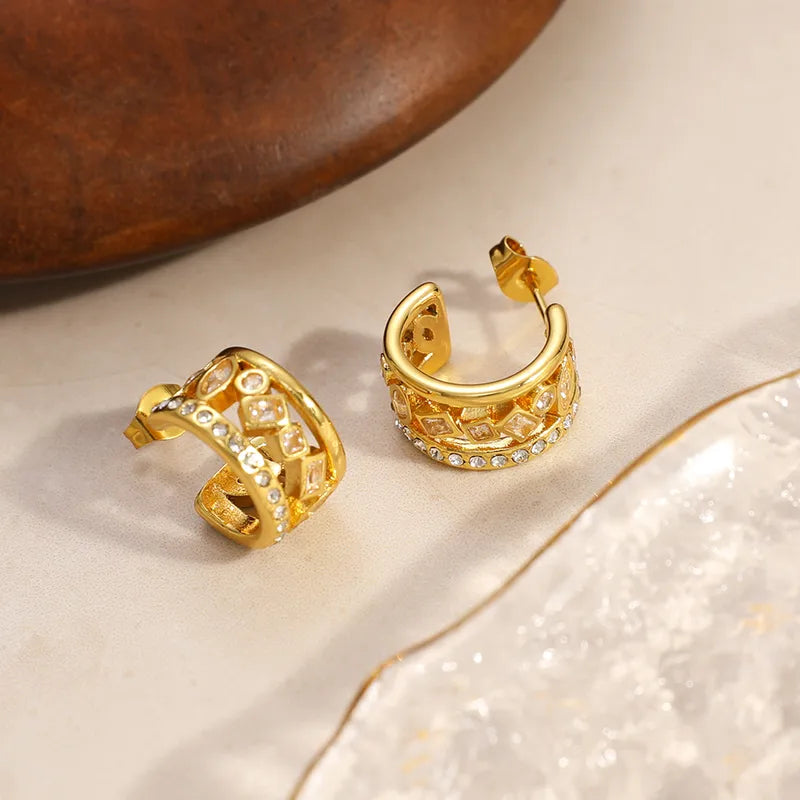 18K Gold Plated Diamond Inlaid Zircon Vintage Style Fashion U-Shaped 304 Stainless Steel Earrings