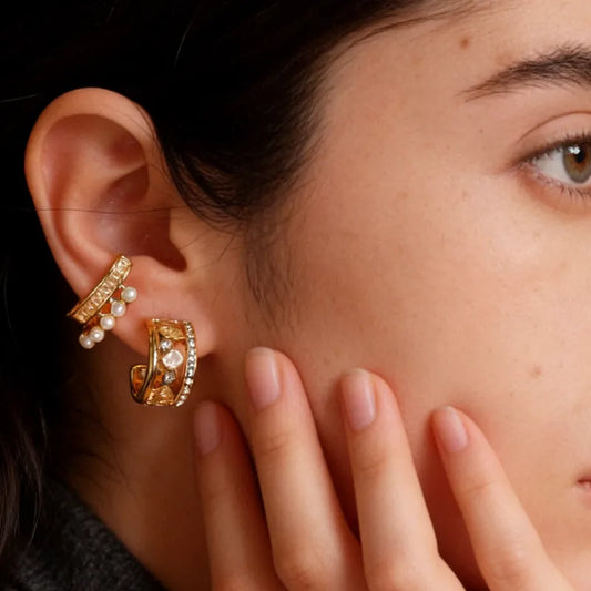 18K Gold Plated Diamond Inlaid Zircon Vintage Style Fashion U-Shaped 304 Stainless Steel Earrings