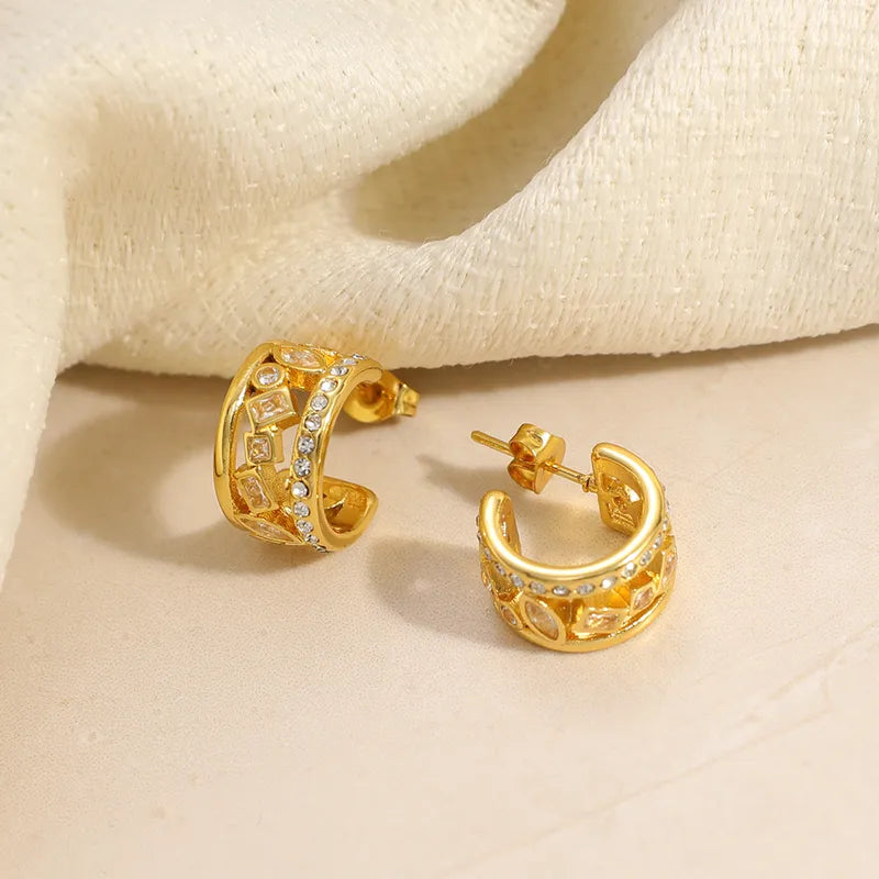 18K Gold Plated Diamond Inlaid Zircon Vintage Style Fashion U-Shaped 304 Stainless Steel Earrings