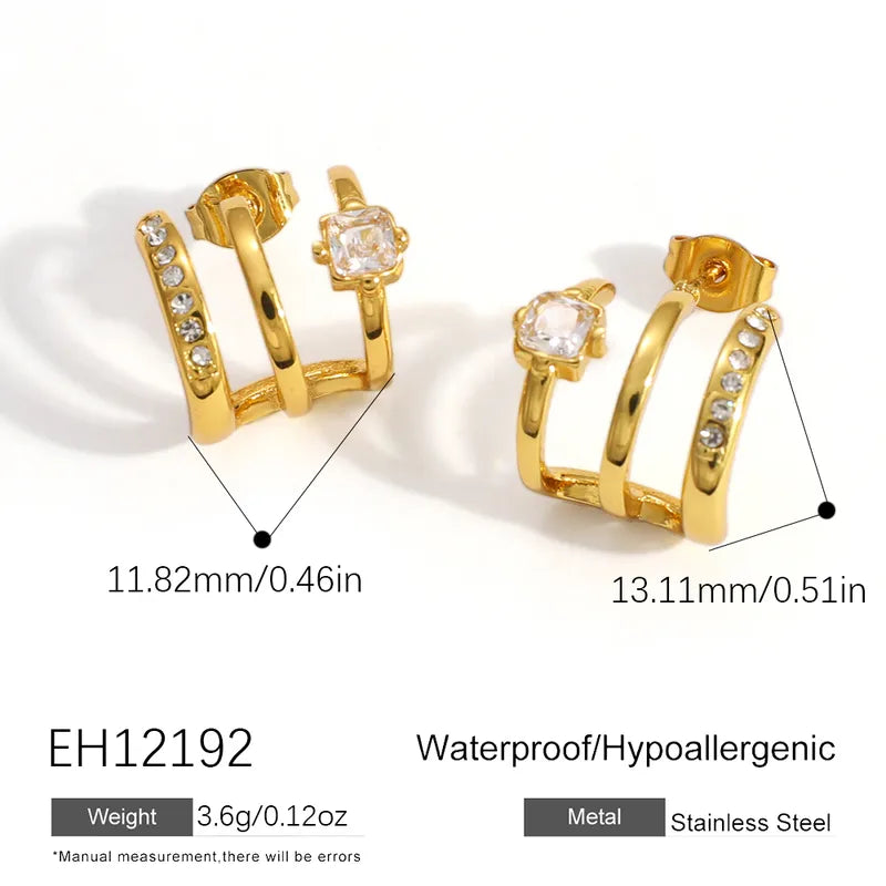18K Gold Plated Inlaid Row Diamond Fake Three-Piece U-Shaped Zircon Simple Fashion 304 Stainless Steel Earrings