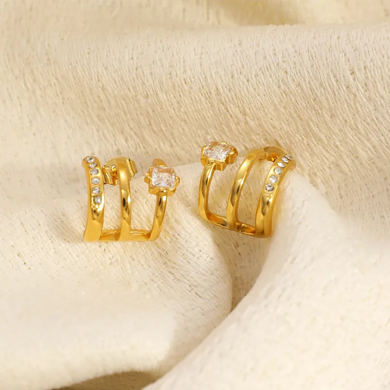 18K Gold Plated Inlaid Row Diamond Fake Three-Piece U-Shaped Zircon Simple Fashion 304 Stainless Steel Earrings