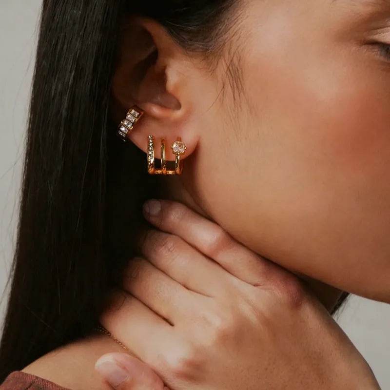 18K Gold Plated Inlaid Row Diamond Fake Three-Piece U-Shaped Zircon Simple Fashion 304 Stainless Steel Earrings