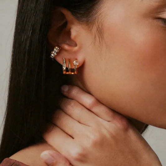 18K Gold Plated Inlaid Row Diamond Fake Three-Piece U-Shaped Zircon Simple Fashion 304 Stainless Steel Earrings