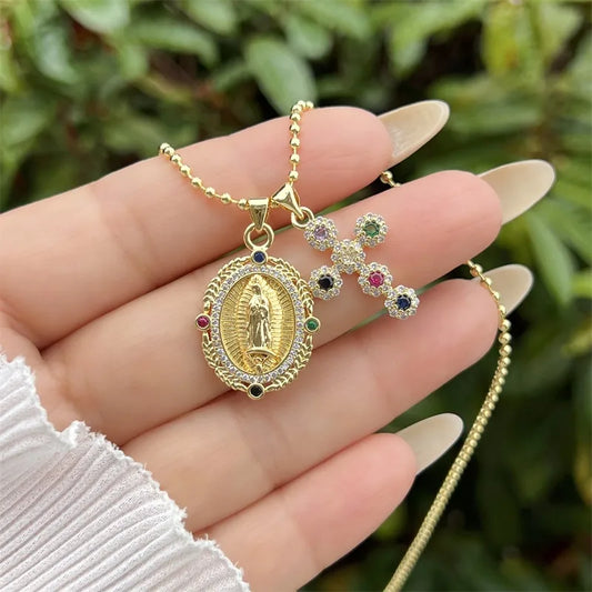18K Gold Plated Multi-style Virgin Mary Cross Combination Zircon Necklace Classic Simple Style Daily Wear Gift Copper Pendant Lobster Clasp